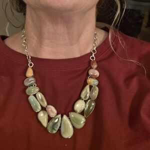 Sterling Silver Chunky Bezel Set Green And  Earthy Jasper Multi-Stone Necklace